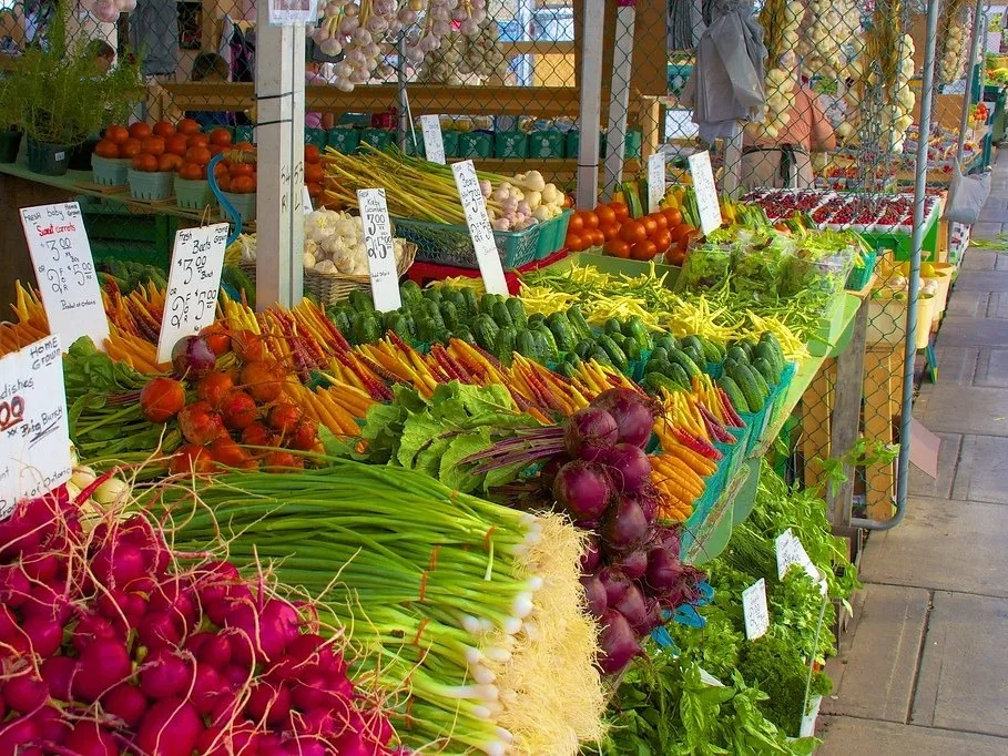 Radishes, carrots and greens at a farm stand