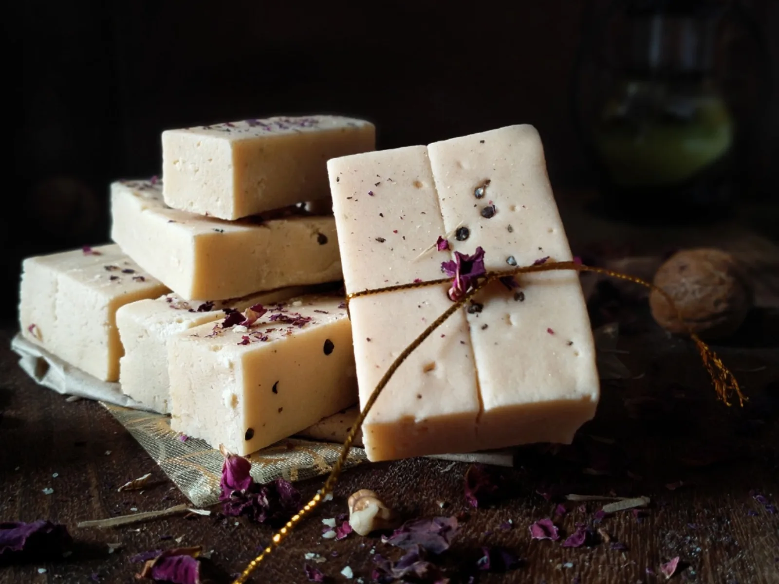 Handmade soap bars with dried rose petals
